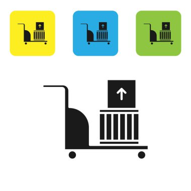 Siyah elektrikli el arabası ve beyaz arka planda izole edilmiş kutular. Dolly sembolü. Renkli kare düğmeleri ayarlayın. Vektör İllüstrasyonu