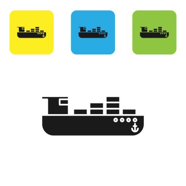Beyaz zemin üzerinde kutucuk servis simgesi olan siyah kargo gemisi. Teslimat, ulaşım. Paketleri, kutuları, malları olan bir şilep. Renkli kare düğmeleri ayarlayın. Vektör İllüstrasyonu