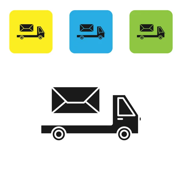 Ikon truk Black Post terisolasi pada latar belakang putih. Mobil surat. Kendaraan transportasi truk dengan amplop atau surat. Mengatur ikon berwarna-warni tombol persegi. Ilustrasi Vektor - Stok Vektor