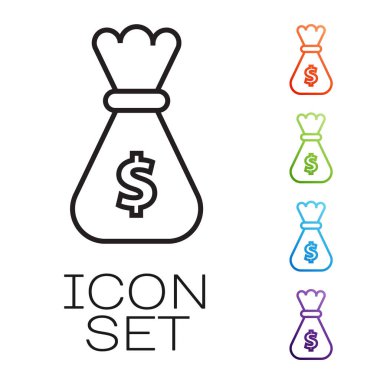 Siyah çizgi Para Çantası simgesi beyaz arkaplanda izole edildi. Dolar ya da Usd sembolü. Nakit bankacılık tabelası. Simgeleri renklendirin. Vektör İllüstrasyonu