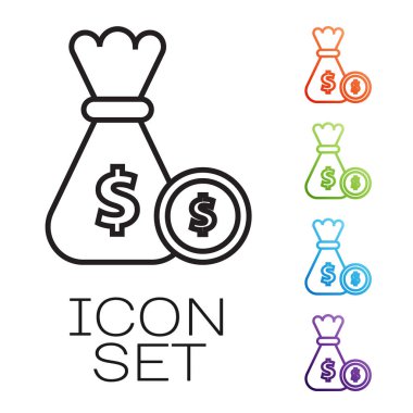 Siyah çizgi Para Çantası ve para ikonu beyaz arka planda izole edilmiş. Dolar ya da USD sembolü. Nakit bankacılık tabelası. Simgeleri renklendirin. Vektör İllüstrasyonu