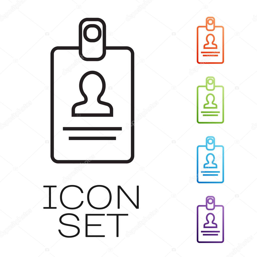 Black line Identification badge icon isolated on white background. It can be used for presentation, identity of the company, advertising. Set icons colorful. Vector Illustration