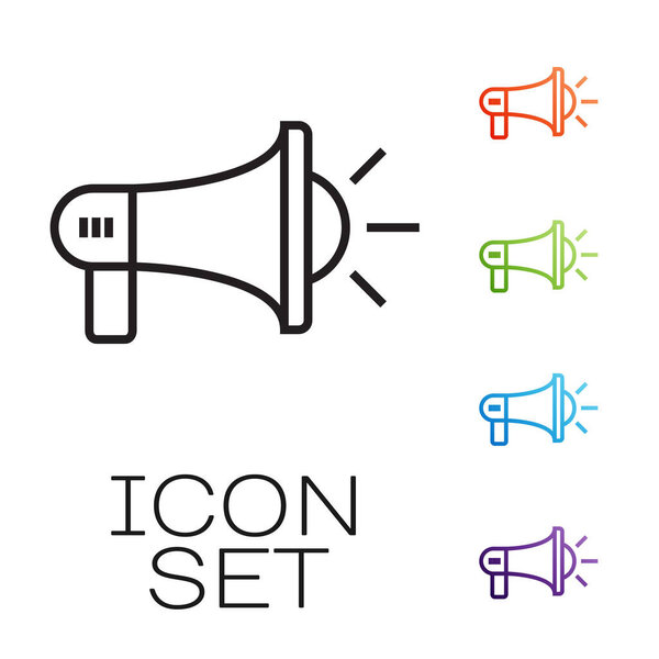 Черная линия Мегафон значок изолирован на белом фоне. Концепция громкого оповещения. Буллхорн для промоушена. Набор иконок красочный. Векторная миграция
