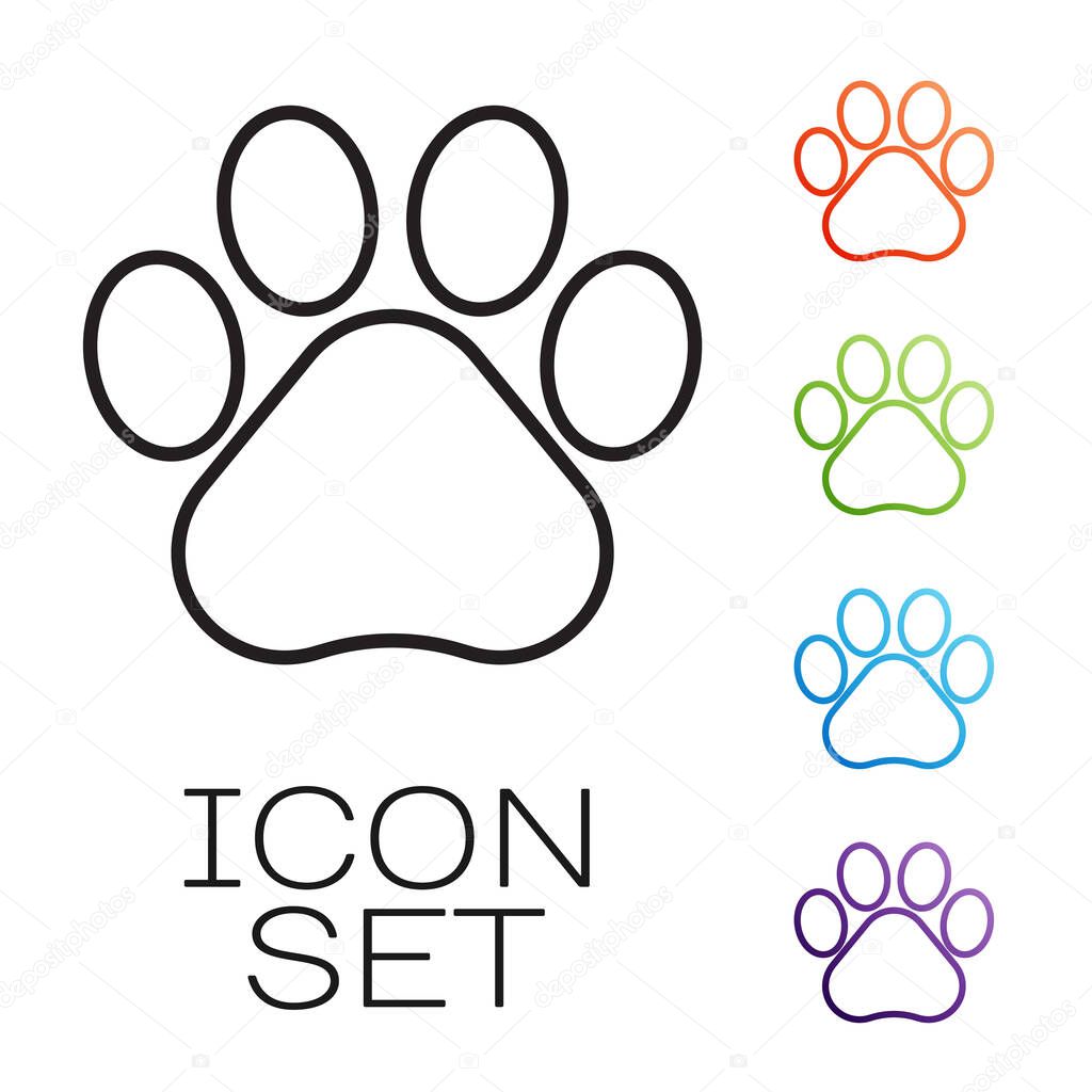 Black line Paw print icon isolated on white background. Dog or cat paw print. Animal track. Set icons colorful. Vector Illustration