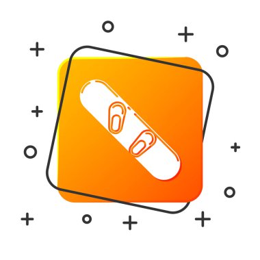 Beyaz Snowboard simgesi beyaz arkaplanda izole edildi. Snowboard tahtası ikonu. Olağanüstü bir spor. Spor malzemeleri. Turuncu kare düğme. Vektör İllüstrasyonu