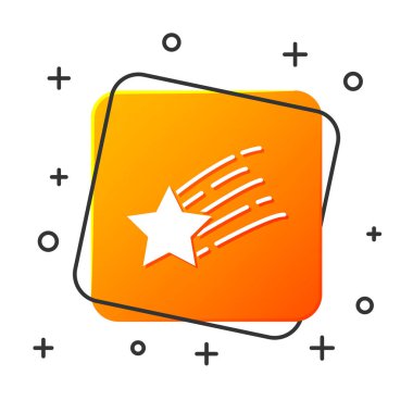 Beyaz arka planda beyaz yıldız ikonu izole edildi. Yıldız izi ile kayan yıldız. Göktaşı, göktaşı, kuyruklu yıldız, asteroid, yıldız ikonu. Turuncu kare düğme. Vektör İllüstrasyonu