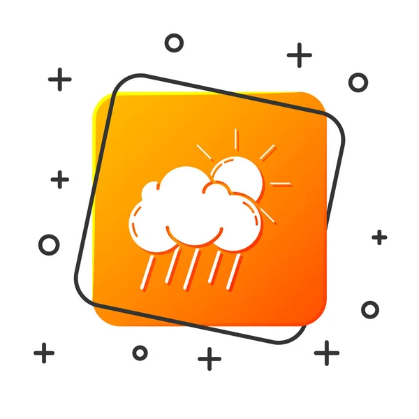 Beyaz bulutlu, yağmurlu ve beyaz arka planda izole edilmiş güneş ikonu. Yağmur damlaları ile yağmur bulutu yağışı. Turuncu kare düğme. Vektör İllüstrasyonu — Stok Vektör