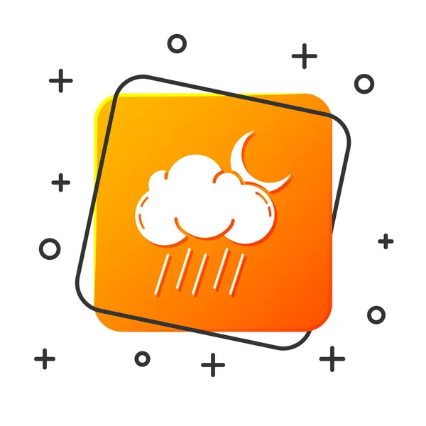 Beyaz bulutlu, yağmurlu ve beyaz arka planda izole edilmiş ay ikonu. Yağmur damlaları ile yağmur bulutu yağışı. Turuncu kare düğme. Vektör İllüstrasyonu — Stok Vektör