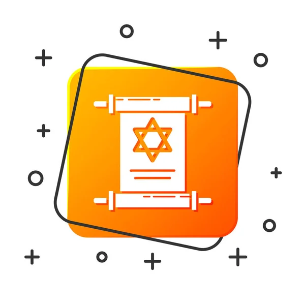 White Torah scroll icon isolated on white background. Jewish Torah in expanded form. Star of David symbol. Old parchment scroll. Orange square button. Vector Illustration — Stock Vector