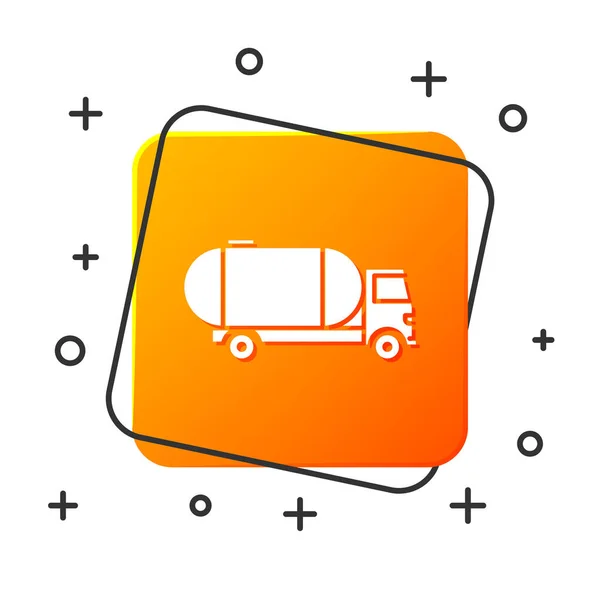 白色油罐车图标隔离在白色背景。 油轮，汽油卡车，蓄水池，石油拖车。 橙色正方形按钮。 病媒图解 — 图库矢量图片