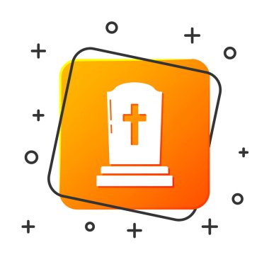 Beyaz arka planda çapraz simgesi olan Beyaz Tombstone. Mezar ikonu. Turuncu kare düğme. Vektör İllüstrasyonu