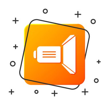 Beyaz Film spot ışığı simgesi beyaz arkaplanda izole edildi. Işık efekti. Sahne, Stüdyo, Gösteri. Turuncu kare düğme. Vektör İllüstrasyonu