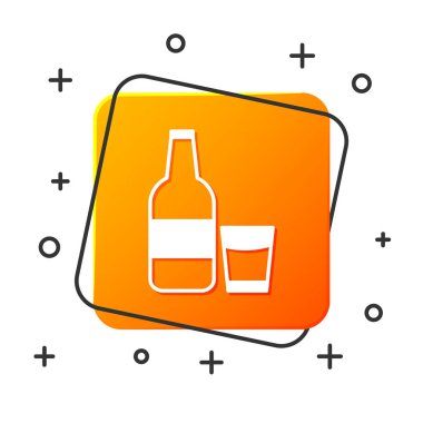 Beyaz arka planda izole edilmiş süt ve cam ikonlu beyaz cam şişe. Turuncu kare düğme. Vektör İllüstrasyonu