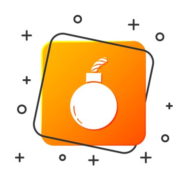 Beyaz Bomba, beyaz arka planda izole edilmiş ikonu patlatmaya hazır. Turuncu kare düğme. Vektör İllüstrasyonu