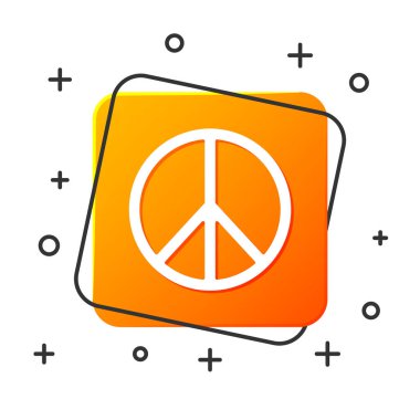 Beyaz Barış simgesi beyaz arkaplanda izole edildi. Hippi barış sembolü. Turuncu kare düğme. Vektör İllüstrasyonu