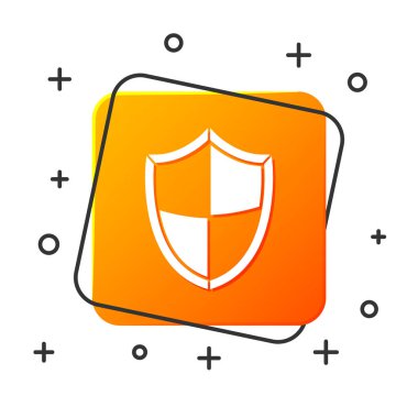 Beyaz arka planda Beyaz Kalkan simgesi izole edildi. Gardiyan. Güvenlik, güvenlik, koruma, gizlilik kavramı. Turuncu kare düğme. Vektör İllüstrasyonu