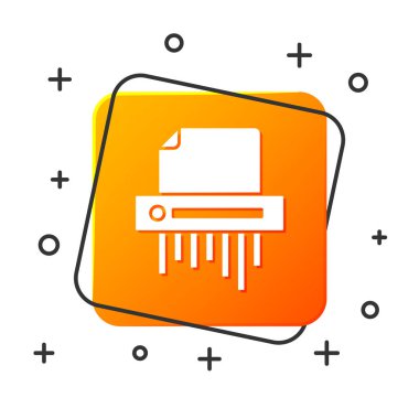 Beyaz Kağıt Öğütücü gizli ve özel belge ofisi bilgi koruma simgesi beyaz arkaplanda izole edildi. Turuncu kare düğme. Vektör İllüstrasyonu