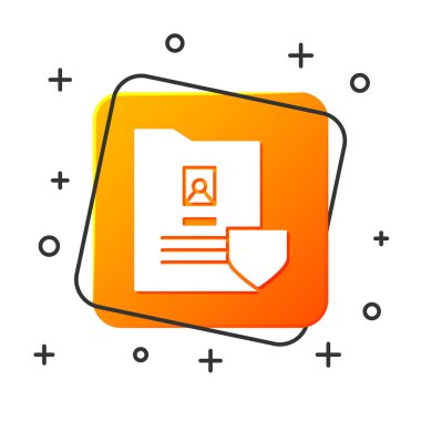 Beyaz arkaplanda kalkan simgesi olan beyaz belge. Sigorta konsepti. Güvenlik, güvenlik, koruma, konsept koruma. Turuncu kare düğme. Vektör İllüstrasyonu