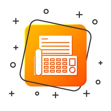 Beyaz faks makinesi simgesi beyaz arkaplanda izole edildi. Ofis telefonu. Turuncu kare düğme. Vektör İllüstrasyonu