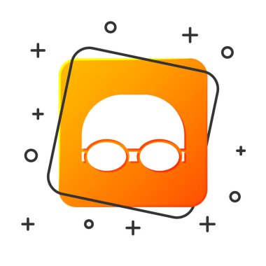 Beyaz arka planda izole edilmiş yüzme ikonu için beyaz gözlük ve şapka. Yüzme şapkası ve gözlükleri. Su altı ekipmanları. Turuncu kare düğme. Vektör İllüstrasyonu