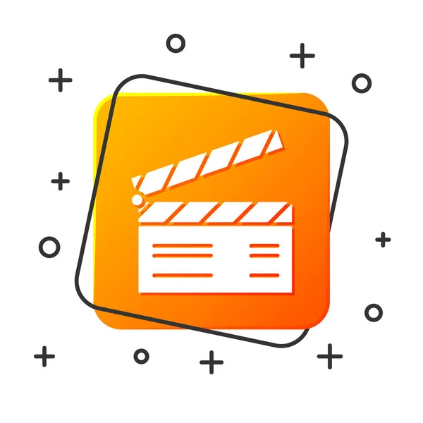 Weißes Filmklapp-Symbol isoliert auf weißem Hintergrund. Filmklappbrett. Klappschild. Kinoproduktion oder Medienindustriekonzept. orangefarbene quadratische Taste. Vektorillustration — Stockvektor