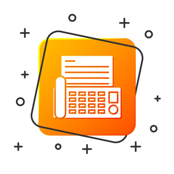 Icono de fax blanco aislado sobre fondo blanco. Teléfono de oficina. Botón cuadrado naranja. Ilustración vectorial — Vector de stock