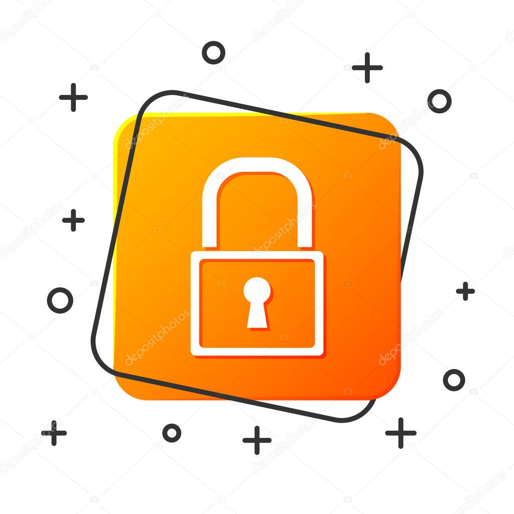 White Lock icon isolated on white background. Padlock sign. Security, safety, protection, privacy concept. Orange square button. Vector Illustration