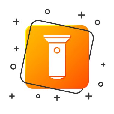 Beyaz El feneri simgesi beyaz arkaplanda izole edildi. Turuncu kare düğme. Vektör İllüstrasyonu