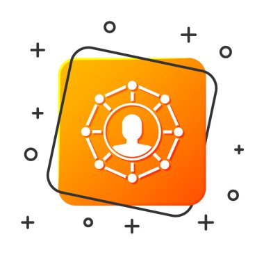 Beyaz Proje ekip taban simgesi beyaz arkaplanda izole edildi. İş analizi ve planlama, takım çalışması, proje yönetimi. Geliştiriciler. Turuncu kare düğme. Vektör İllüstrasyonu