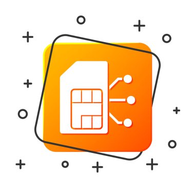 Beyaz Sim kart simgesi beyaz arkaplanda izole edildi. Cep telefonu sim kart çipi. Mobil telekomünikasyon teknolojisi sembolü. Turuncu kare düğme. Vektör İllüstrasyonu