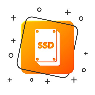Beyaz SSD kart simgesi beyaz arkaplanda izole edildi. Katı eyalet sürücü işareti. Depolama diski sembolü. Turuncu kare düğme. Vektör İllüstrasyonu