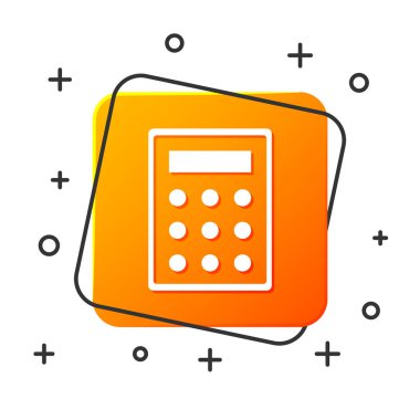 Beyaz hesap makinesi simgesi beyaz arka planda yalıtılmış. Muhasebe sembolü. İş hesaplamaları matematik eğitim ve finans. Turuncu kare düğme. Vektör İllüstrasyonu