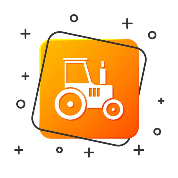 Icono del tractor blanco aislado sobre fondo blanco. Botón cuadrado naranja. Ilustración vectorial — Vector de stock