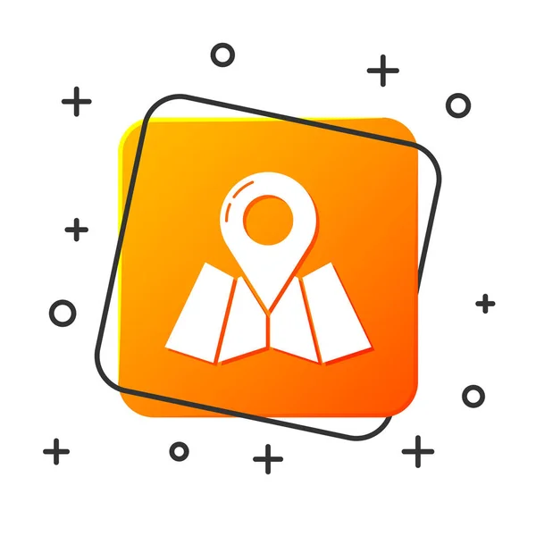 Mapa plegado blanco con icono de marcador de ubicación aislado sobre fondo blanco. Botón cuadrado naranja. Ilustración vectorial — Vector de stock