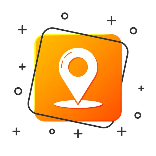 Icono de pin Mapa blanco aislado sobre fondo blanco. Navegación, puntero, ubicación, mapa, GPS, dirección, lugar, brújula, contacto, concepto de búsqueda. Botón cuadrado naranja. Ilustración vectorial — Vector de stock