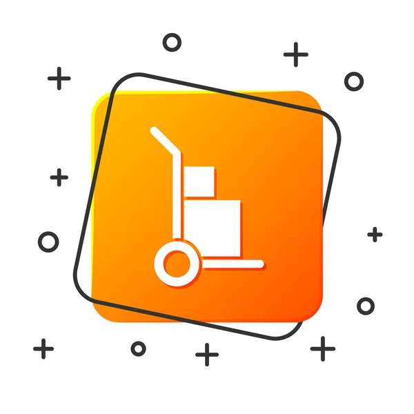白色手推车和盒子图标隔离在白色背景上. 多莉的象征。 橙色正方形按钮。 病媒图解 — 图库矢量图片