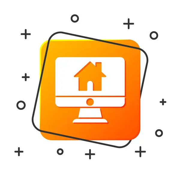 Moniteur d'ordinateur blanc avec icône de maison intelligente isolé sur fond blanc. Télécommande. Bouton carré orange. Illustration vectorielle — Image vectorielle