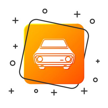 Beyaz Araba simgesi beyaz arkaplanda izole edildi. Ön manzara. Turuncu kare düğme. Vektör İllüstrasyonu