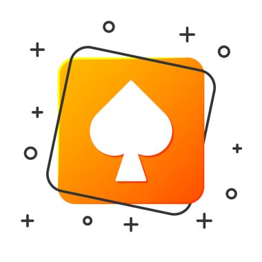 Beyaz arka planda izole edilmiş maça sembollü beyaz iskambil kartı. Kumarhane kumarı. Turuncu kare düğme. Vektör İllüstrasyonu