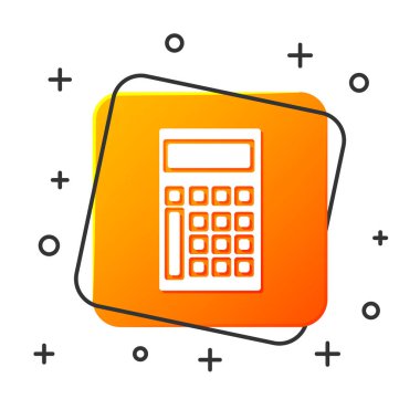 Beyaz hesap makinesi simgesi beyaz arka planda yalıtılmış. Muhasebe sembolü. İş hesaplamaları matematik eğitim ve finans. Turuncu kare düğme. Vektör İllüstrasyonu