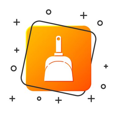 Beyaz Dustpan simgesi beyazın arka planında izole edilmiştir. Kepçe hizmetlerini temizliyorum. Turuncu kare düğmesi. Vektör Illustration