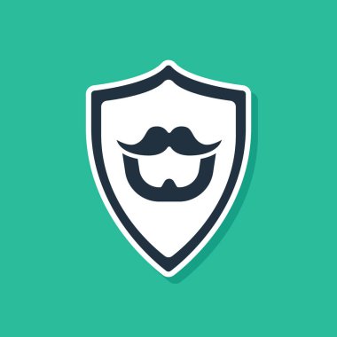 Mavi bıyık ve sakal yeşil arka planda izole edilmiş kalkan ikonunda. Berber dükkanı sembolü. Yüz kılı stili. Vektör İllüstrasyonu