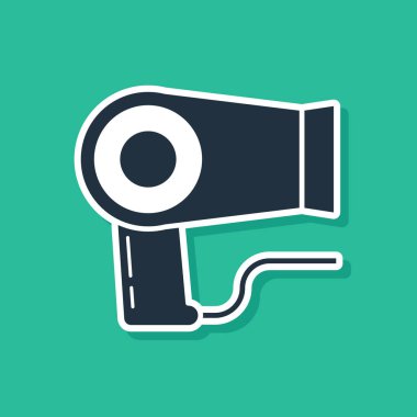 Mavi saç kurutma ikonu yeşil arka planda izole edildi. Saç kurutma makinesi tabelası. Saç kurutma sembolü. Sıcak hava üflüyor. Vektör İllüstrasyonu