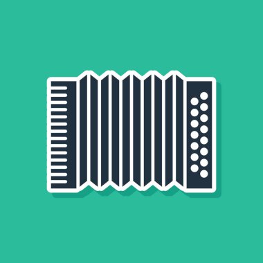 Mavi Müzik enstrümanı akordeon simgesi yeşil arkaplanda izole edildi. Klasik bayan, harmonik. Vektör İllüstrasyonu