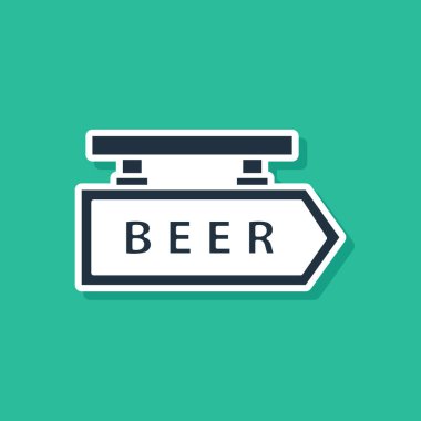 Üzerinde yeşil arka planda izole edilmiş bira simgesi olan Blue Street tabelası. Reklamlar için uygun bar, kafe, bar, restoran. Vektör İllüstrasyonu