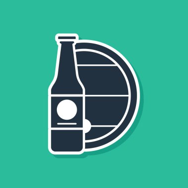 Mavi bira şişesi ve yeşil arka planda izole edilmiş ahşap varil ikonu. Vektör İllüstrasyonu