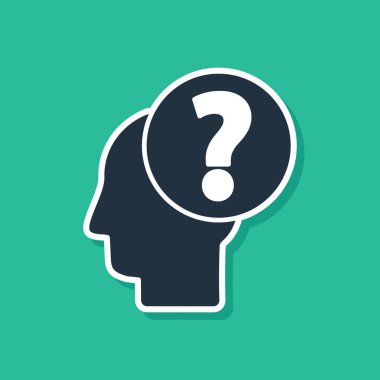 Yeşil arka planda soru işareti simgesi olan mavi insan kafası. Vektör İllüstrasyonu