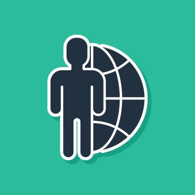 Mavi Küre ve yeşil arka planda izole edilmiş insanlar ikonu. Küresel iş sembolü. Sosyal ağ simgesi. Vektör İllüstrasyonu