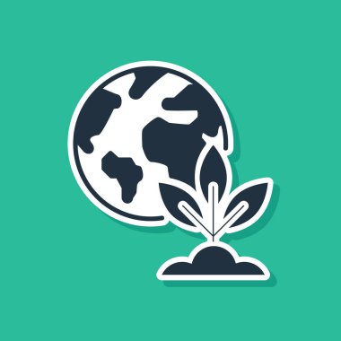 Mavi Dünya küresi ve bitki ikonu yeşil arka planda izole edildi. Dünya ya da Dünya işareti. Geometrik şekiller. Çevresel konsept. Vektör İllüstrasyonu