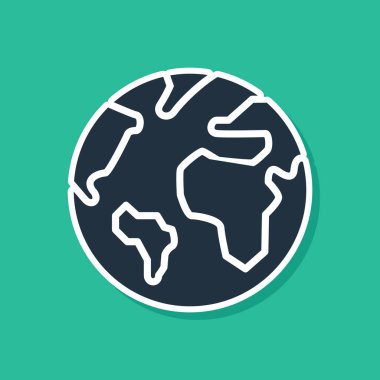 Mavi dünya küre simgesi yeşil arka planda izole. Dünya veya dünya tabelası. Küresel internet sembolü. Geometrik şekiller. Vektör Illustration
